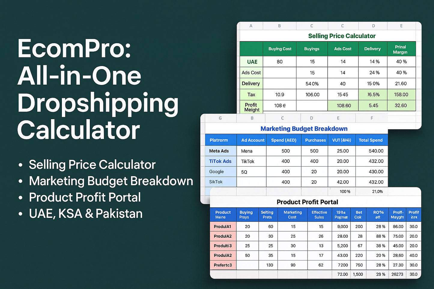 EcomPro: All-in-One Shopify Dropshipping Spreadsheet Kit (UAE • KSA • Pakistan)