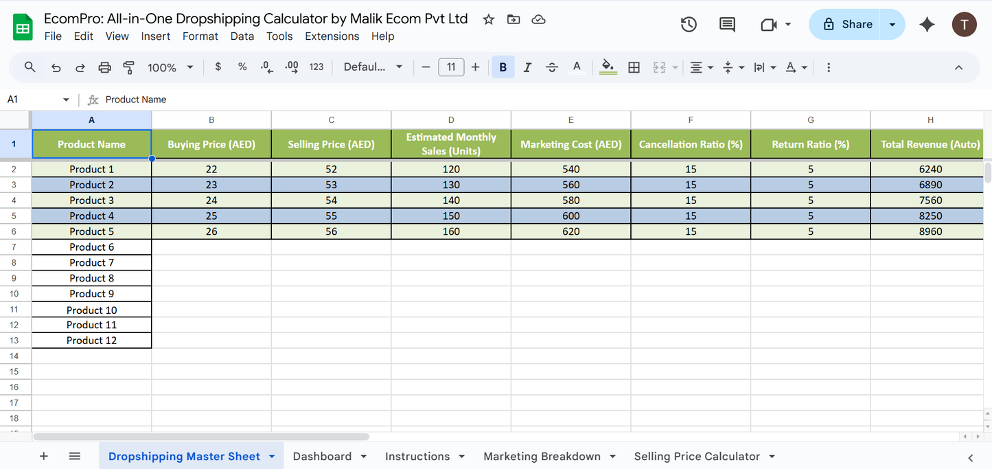 EcomPro: All-in-One Shopify Dropshipping Spreadsheet Kit (UAE • KSA • Pakistan)