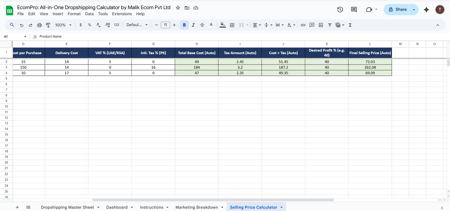 EcomPro: All-in-One Shopify Dropshipping Spreadsheet Kit (UAE • KSA • Pakistan)